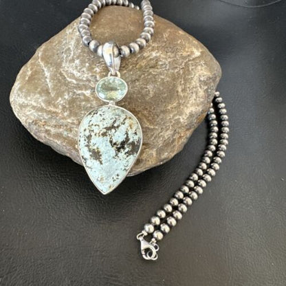 Navajo Dry Creek Turquoise Topaz Pendant Necklace | Sterling Silver | Authentic Native American Handmade | 16309