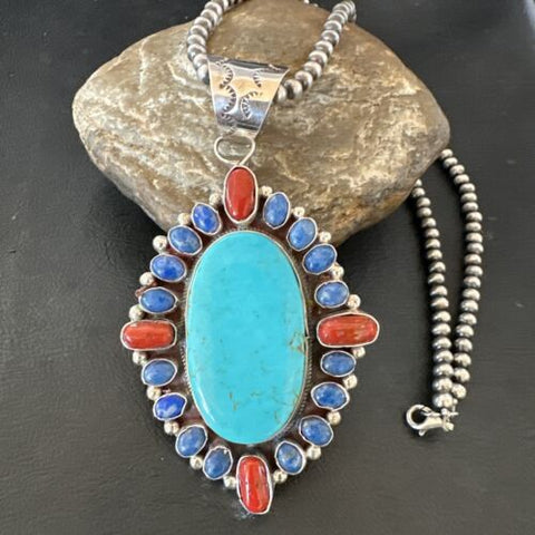 Blue Kingman Turquoise Coral Lapis Pendant Navajo Sterling Silver Necklace 17150