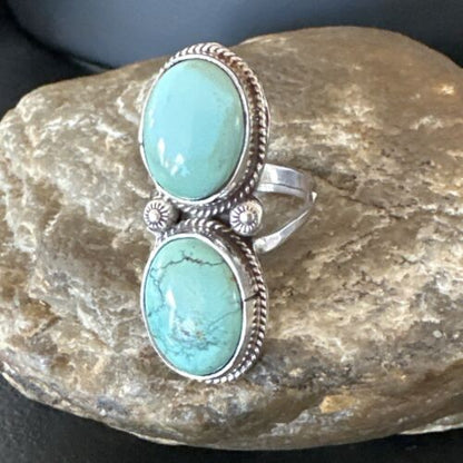 Navajo Blue Dry Creek Turquoise 2 Stone Ring | Authentic Native American Sterling Silver | Multi-Stone | Sz 10 | 16739 - Masha USA