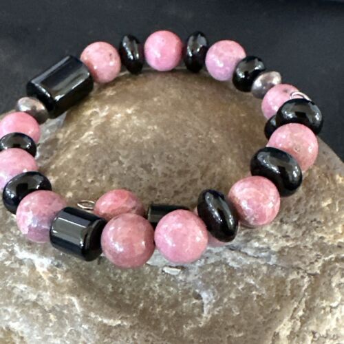 Navajo Pink Rhodochrosite Memory Wire Bracelet | Stainless Steel | Authentic Native American Handmade | 17625