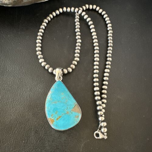 Blue Kingman Turquoise Pendant | Navajo Pearls | Sterling Silver Necklace 20" | 16999