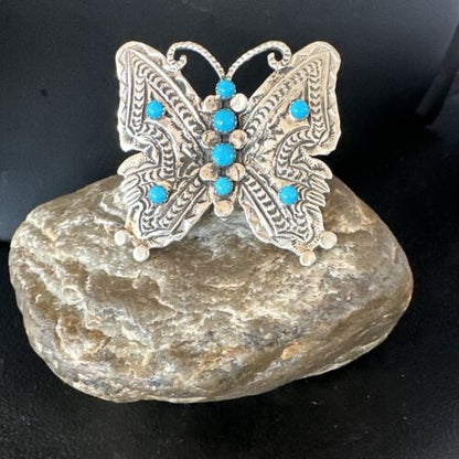 Navajo Turquoise Butterfly Ring | Authentic Native American Sterling Silver | Multi-Stone | Adjustable Women's Sz 8 | 16169