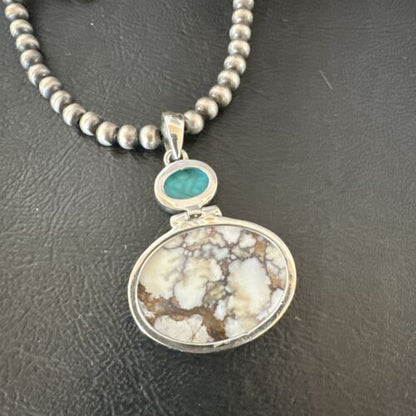 Navajo Wild Horse Blue Kingman Turquoise Necklace | Sterling Silver | Authentic Native American Handmade | 17323