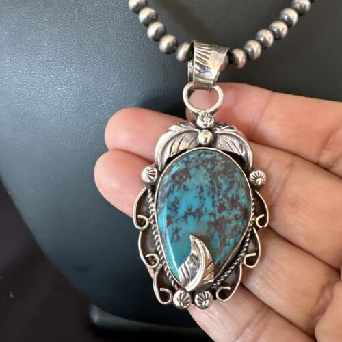 Navajo Blue Turquoise Pendant Necklace | Sterling Silver Pearls | Authentic Native American Handmade | 15643