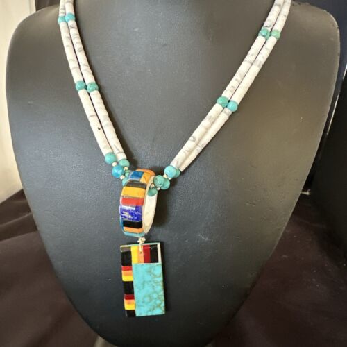 Santo Domingo Multi-Color Turquoise Necklace with Inlay Pendant | Sterling Silver | 24" | 16857 - Masha USA