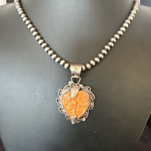 Navajo Orange Spiny Oyster Heart Pendant Necklace | Sterling Silver | Authentic Native American Handmade | 16297