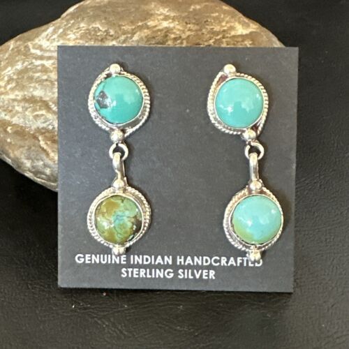 Navajo Blue Green Turquoise Dangle Earrings | Sterling Silver | 1.5" | Authentic Native American Handmade | 17387