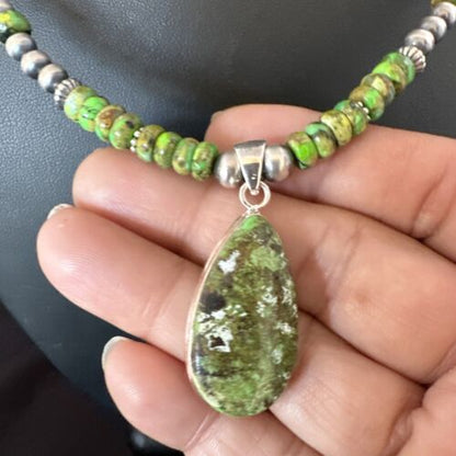 Navajo Green Turquoise Pendant Necklace | Sterling Silver Pearls | Authentic Native American Handmade | 16234