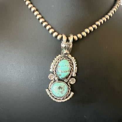 Navajo Blue Kingman Turquoise 2 Stone Cluster Pendant | Sterling Silver | Authentic Native American Handmade | 17634