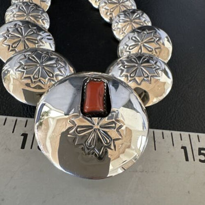 Navajo Red Coral Graduated Necklace | Sterling Silver Pillow Stamped | 18" | Authentic Native American Handmade | 15129
