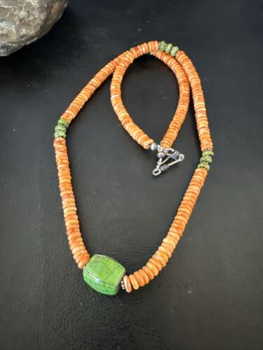 Navajo Green Turquoise & Orange Spiny Oyster Pendant | Sterling Silver | Authentic Native American Handmade | 17484
