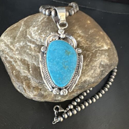 Navajo Kingman Turquoise Pendant Necklace | Sterling Silver Pearls | Authentic Native American Handmade | 15210