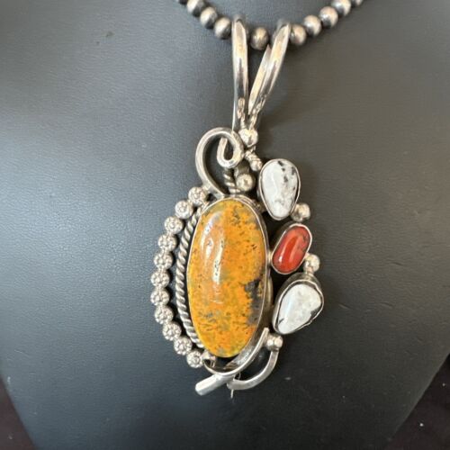 Navajo Bumblebee Jasper & White Buffalo Sterling Silver Pendant Necklace | 21" | Handmade | 15948