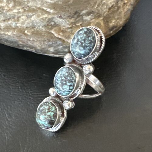 Navajo Blue Spiderweb Turquoise Multi-Stone Ring | Authentic Native American Sterling Silver | Sz 10 | 16712