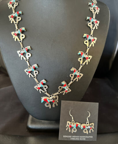 Navajo Turquoise Coral Mother of Pearl Horse Inlay Necklace & Earrings Set | Sterling Silver | Authentic Native American Handmade
