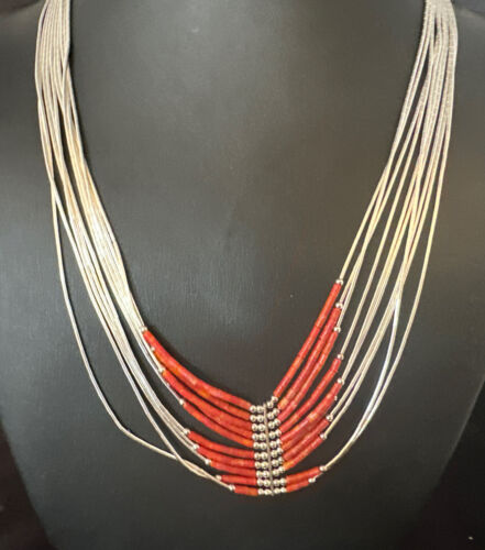 Navajo Red Coral Liquid Silver Heishi Necklace | 10 Strand | Sterling Silver Tubes | 18" | 15139