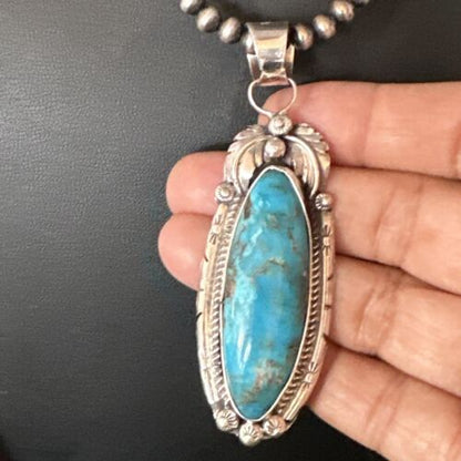 Navajo Kingman Turquoise Pendant Necklace | Sterling Silver Pearls | Authentic Native American Handmade | 15219