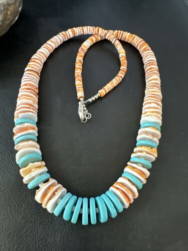 Navajo Sterling Silver Blue Turquoise & Spiny Oyster Graduated Necklace | Authentic Native American | 23" | 16902