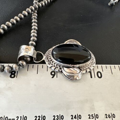 Navajo Pearls Black Onyx Necklace Pendant | Sterling Silver | Authentic Native American Handmade | 16533