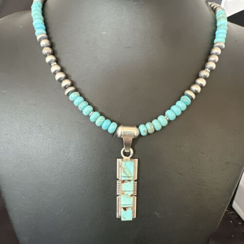 Men's & Women's Turquoise #8 Inlay Pendant Necklace | Navajo Sterling Silver | Authentic Native American Handmade | 17056
