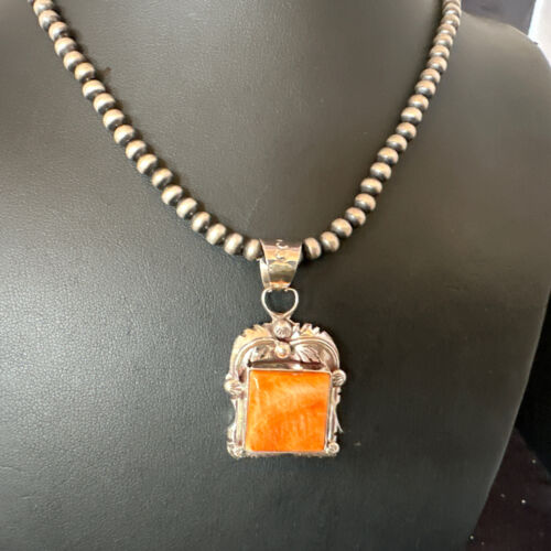 Navajo Orange Spiny Oyster Pendant Necklace | Sterling Silver | 20" | Authentic Native American Handmade | 16142