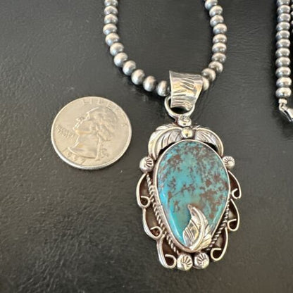 Navajo Blue Turquoise Pendant Necklace | Sterling Silver Pearls | Authentic Native American Handmade | 15643