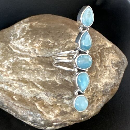Navajo Blue Larimar Cluster Ring | Authentic Native American Sterling Silver | Multi-Stone | Sz 7.5 | 16152