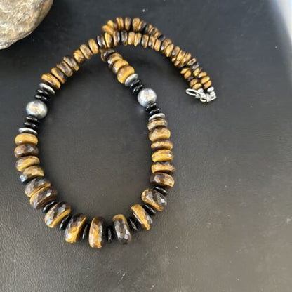 Navajo Coffee Tiger's Eye & Black Onyx Necklace | Sterling Silver Navajo Pearls | 22" | Authentic Native American | 15228