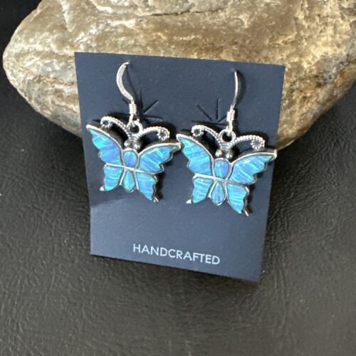 Butterfly Blue Opal Inlay Dangle Earrings | Sterling Silver | Authentic Native American Handmade | 16526