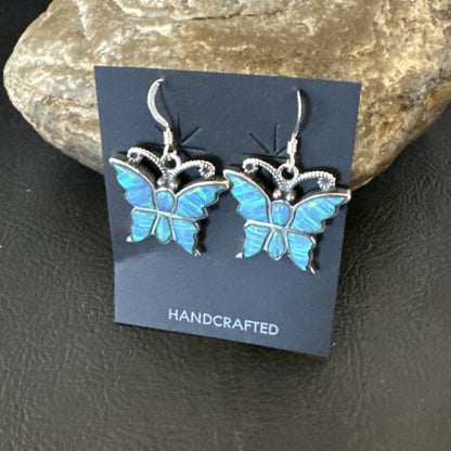 Butterfly Blue Opal Inlay Dangle Earrings | Sterling Silver | Authentic Native American Handmade | 16526