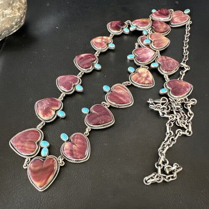 Navajo Lariat Necklace | Turquoise & Purple Spiny Oyster | Sterling Silver | 42" | Authentic Native American Handmade | 16179