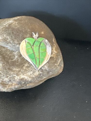 Navajo Green Gaspeite Heart Pendant Necklace | Sterling Silver Inlay | Authentic Native American Handmade | 15192