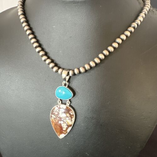 Navajo Wild Horse Blue Kingman Turquoise Necklace | Sterling Silver | Multi-Stone Pendant | 17315