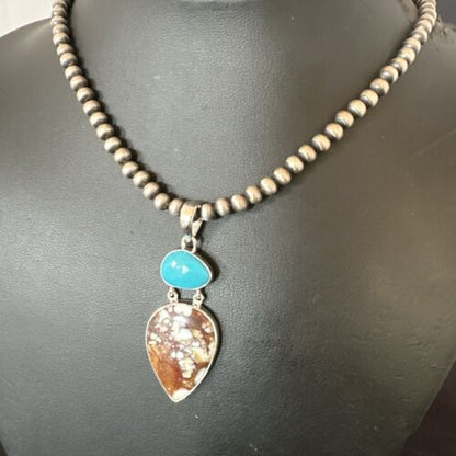 Navajo Wild Horse Blue Kingman Turquoise Necklace | Sterling Silver | Multi-Stone Pendant | 17315