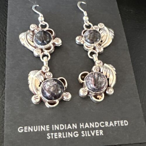 Navajo Purple Sugilite Dangle Earrings | Sterling Silver | 2" | Authentic Native American Handmade | 15691