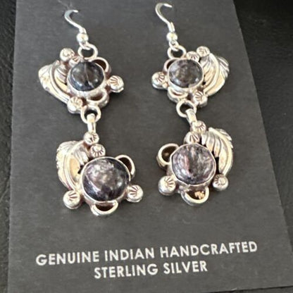 Navajo Purple Sugilite Dangle Earrings | Sterling Silver | 2" | Authentic Native American Handmade | 15691
