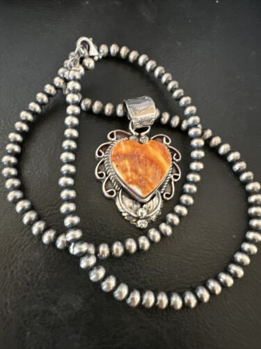 Navajo Orange Spiny Oyster Heart Pendant Necklace | Sterling Silver | Authentic Native American Handmade | 16418