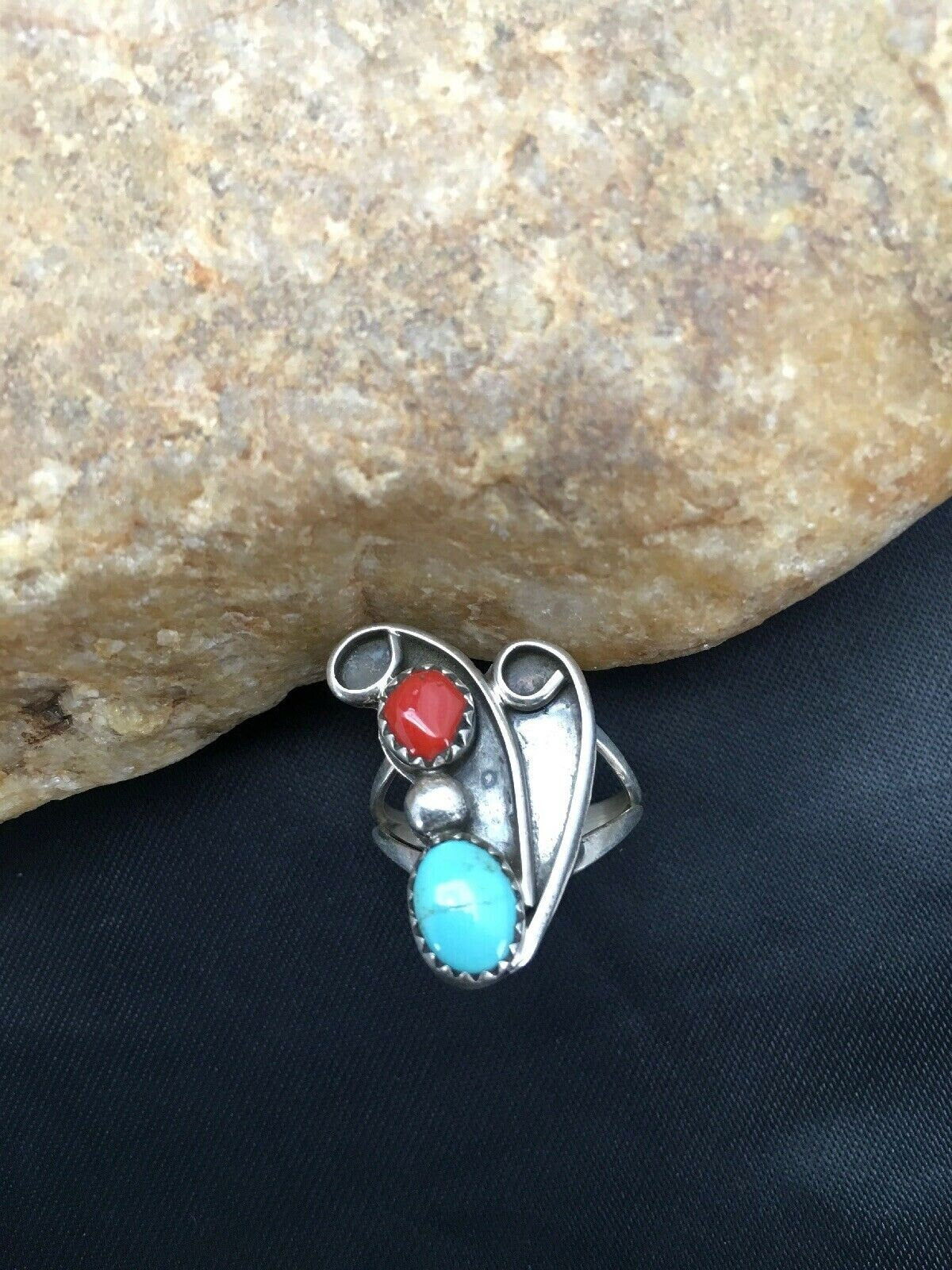 Navajo Blue Turquoise Coral Ring | Authentic Native American Sterling Silver | Multi-Stone | Sz 7 | 2807