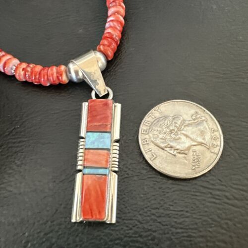 Red Spiny Oyster Opal Inlay Pendant Necklace | Navajo Sterling Silver | 16886
