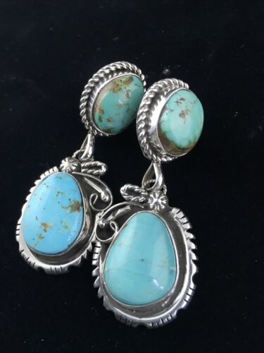 Navajo Kingman Turquoise Dangle Earrings | Sterling Silver | Authentic Native American Handmade | 1764