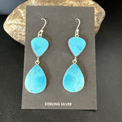 Navajo Blue Kingman Turquoise Dangle Earrings | Sterling Silver | Authentic Native American Handmade | 15108