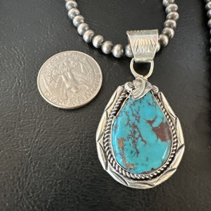 Navajo Blue Kingman Turquoise Pendant Necklace | Sterling Silver Pearls | Authentic Native American Handmade | 16024