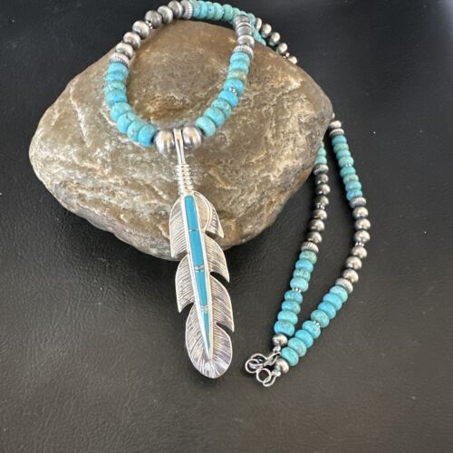Men's Turquoise Inlay Feather Pendant Necklace | Sterling Silver | Authentic Native American Handmade | 17249