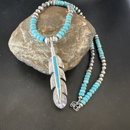 Men's Turquoise Inlay Feather Pendant Necklace | Sterling Silver | Authentic Native American Handmade | 17249
