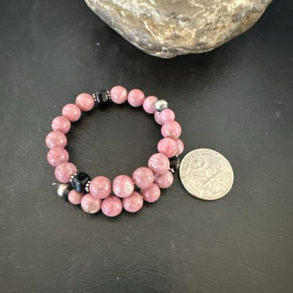 Navajo Pink Rhodochrosite Memory Wire Bracelet | Stainless Steel | Authentic Native American Handmade | 17623