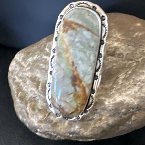 Navajo Ribbon Boulder Green Turquoise Ring | Sterling Silver | Sz 10 | Authentic Native American Handmade | 16255