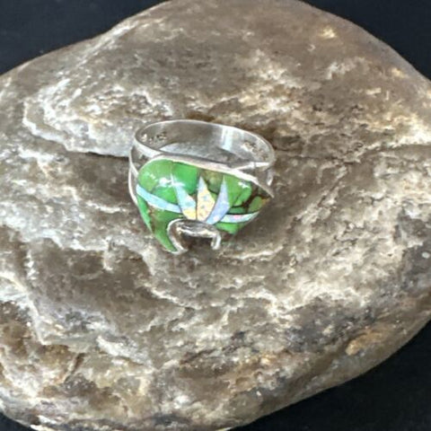Women's Opal Green Turquoise Navajo Bear Inlay Ring Size 9.5 15396