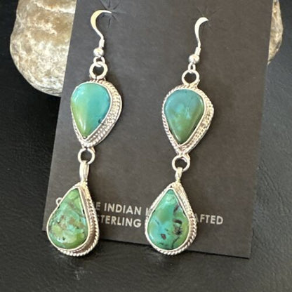 Navajo Green Royston Turquoise Dangle Earrings | Sterling Silver | Authentic Native American Handmade | 16494