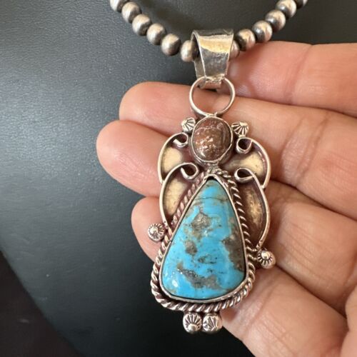 Navajo Blue Kingman Turquoise Wild Horse Pendant Necklace | Sterling Silver | Authentic Native American Handmade | 17224