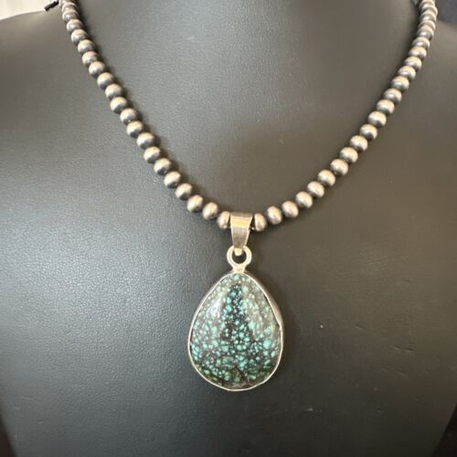 Men's Navajo Blue Spiderweb Turquoise Pendant Necklace | Sterling Silver | Authentic Native American Handmade | 16224